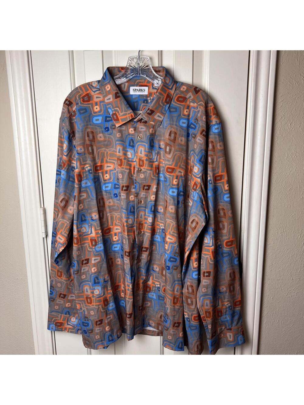 John Sparks Men’s Dress Shirt Blue Brown Orange Retro Abstract Pattern NWOT XXL